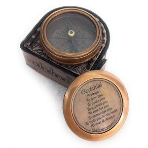 Gift for Godchild - Brass Compass with inscription, cover, & leather case - NEW!
